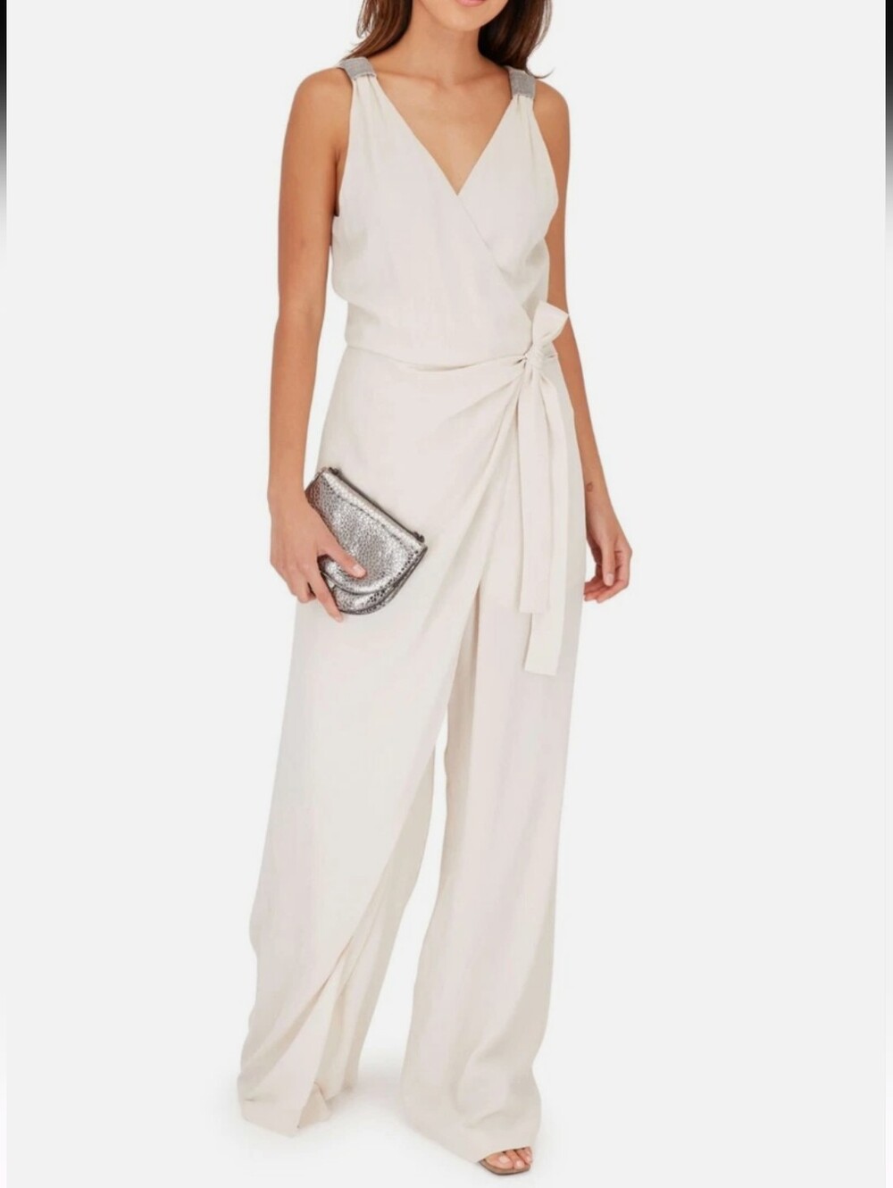 Brunello Cucinelli Vanilla Silk Crepe Sleeveless Faux-Wrap Jumpsuit